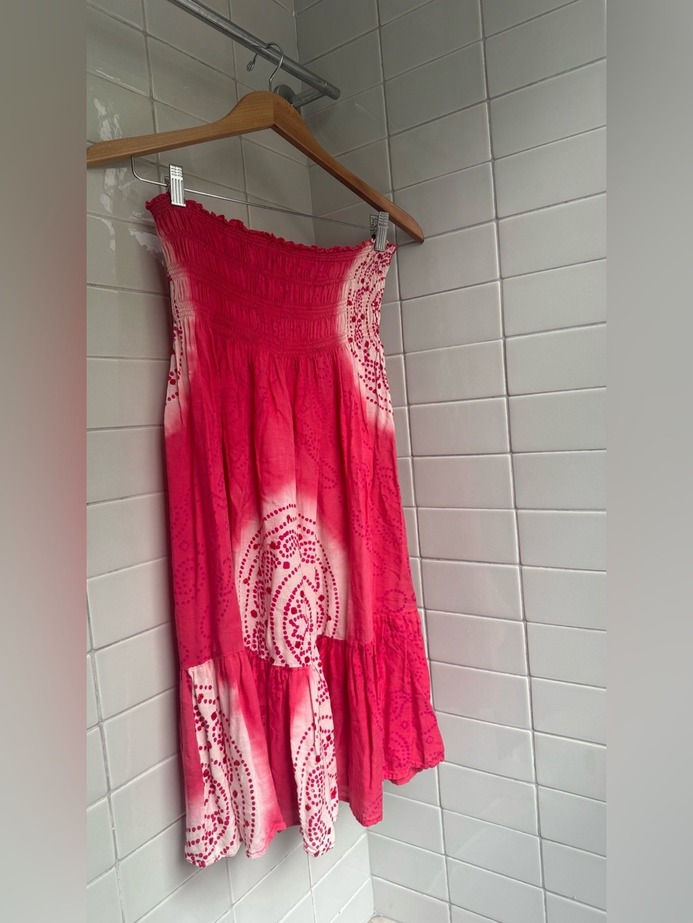 Indonesian Strapless Pink Tie-Dye Mini Dress Size S-L